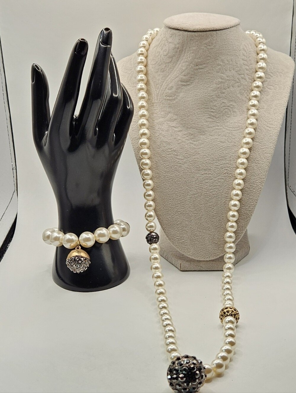Chicos Faux Pearl Necklace Bracelet Set Pave Rhinestone Disco Ball 21" - Picture 7 of 10